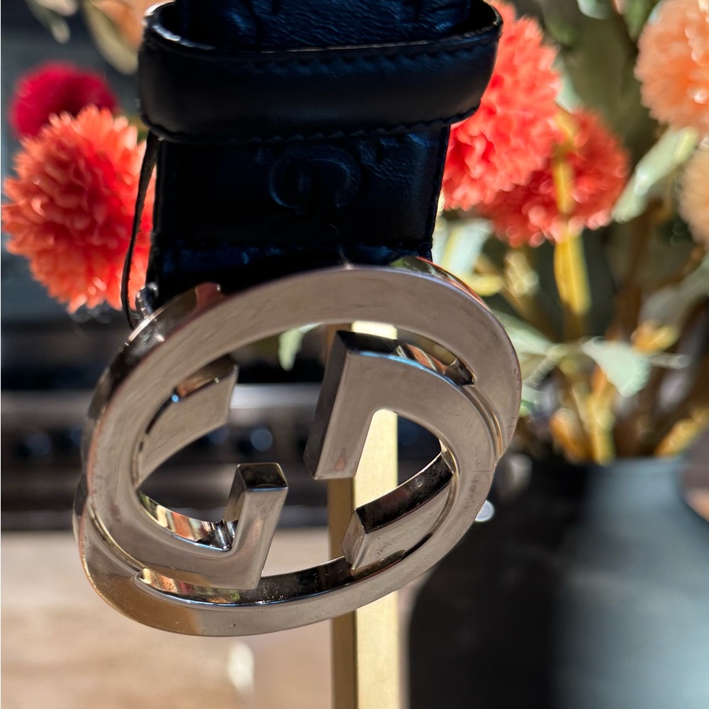 Gucci Silver GG Black Leather Guccissima Belt 95/38 - Picture 8 of 14